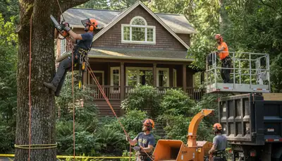 Tree service crew removing a tree in Bellevue, WA for safe property clearing