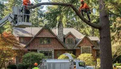 Tree service crew trimming a tree in Bellevue, WA for safe, professional removal service