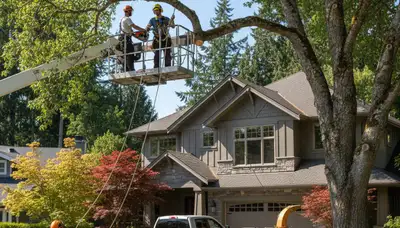 Tree service crew trimming a tree in Bellevue, WA for safe removal and maintenance