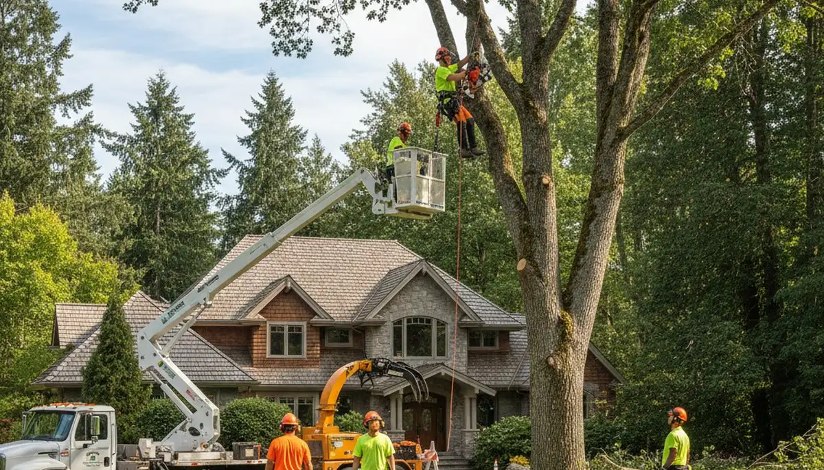 Tree service crew in Bellevue, WA removing a tree for safe residential property care