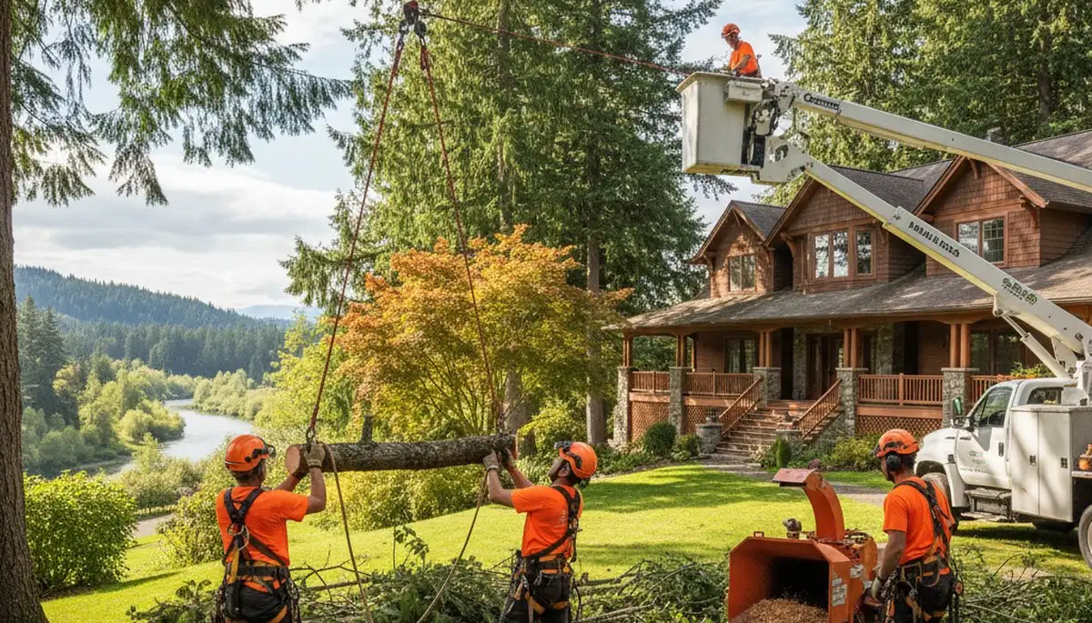 Tree service crew removing a tree in Bellevue, WA for safe property maintenance