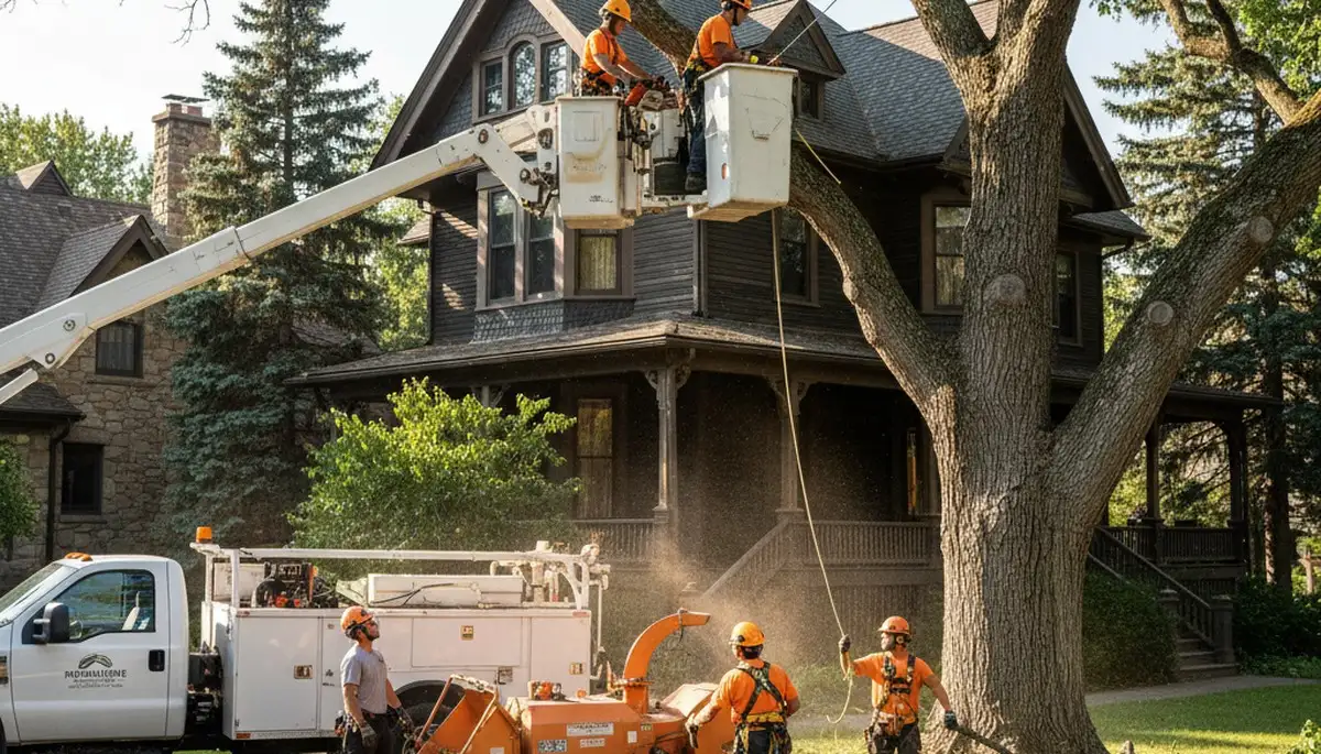 Tree service crew trimming branches in Bellevue, WA for safe, professional tree care