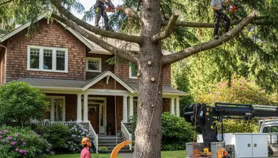 Tree service crew removing a tree in Bellevue, WA for safe property cleanup