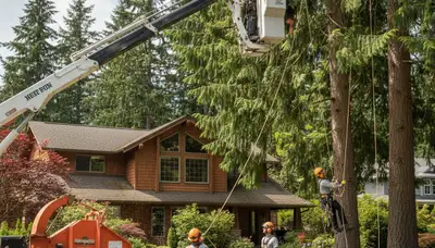 Tree service crew removing a tree in Bellevue, WA for safe residential property clearance