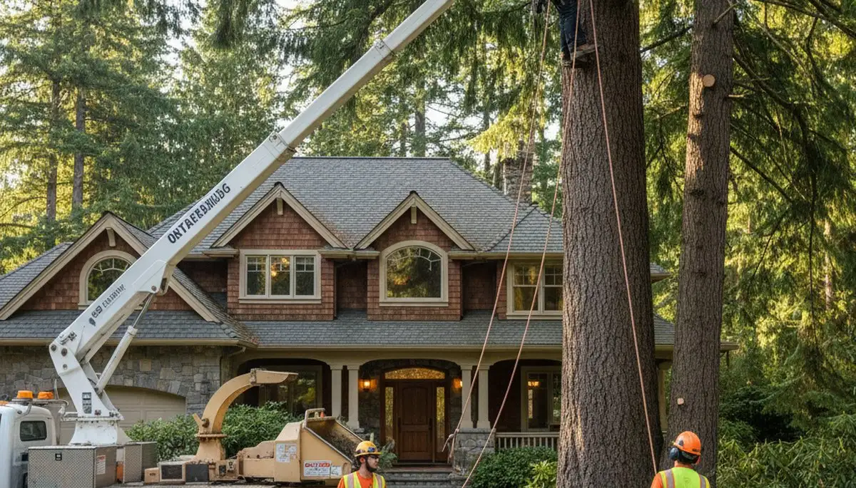 Bellevue WA tree service crew removing a tree near a home