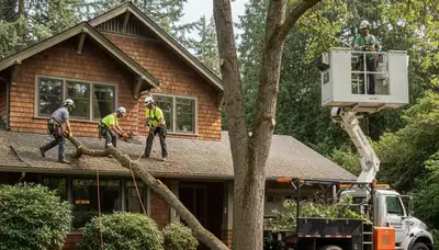 Tree service crew removing a tree in Bellevue, WA for safe residential property clearance
