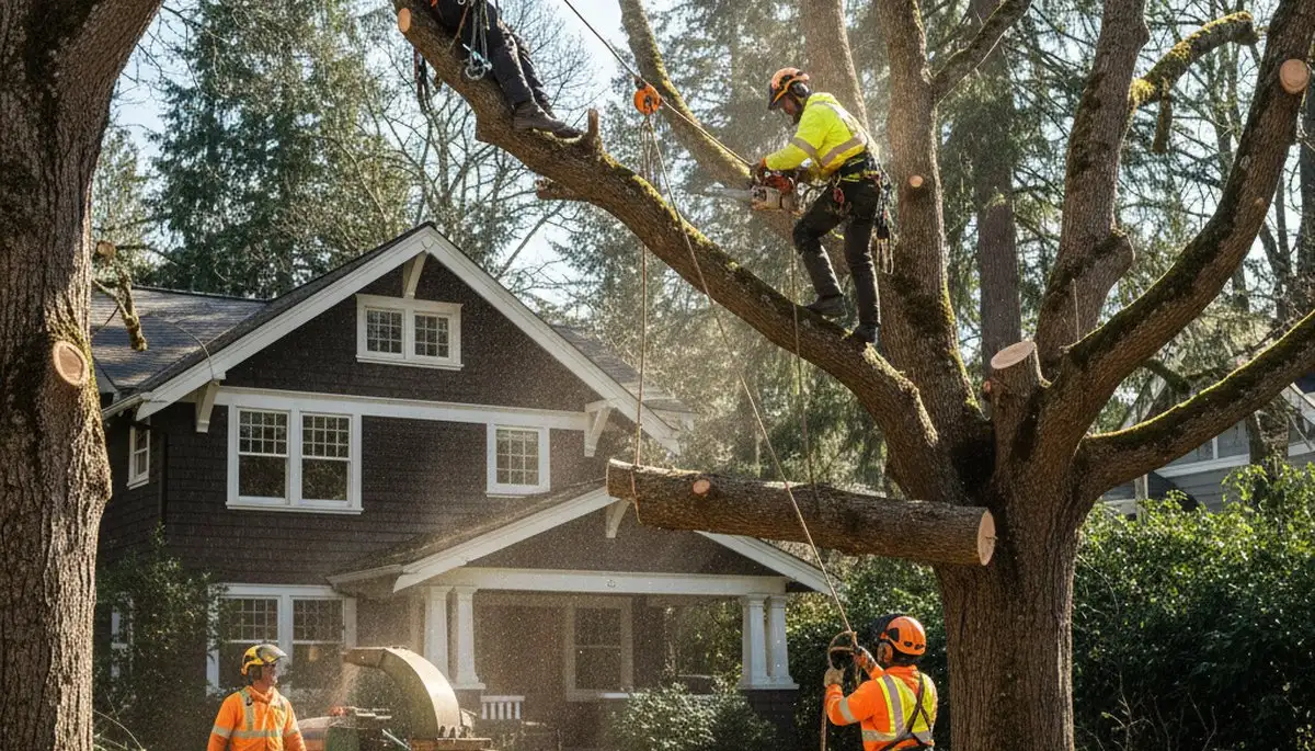 Tree service crew removing a tree in Bellevue, WA for safe residential property clearance
