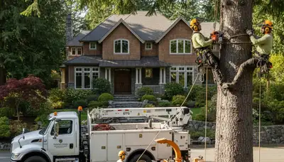 Tree service crew removing a tree in Bellevue, WA for safe residential property cleanup
