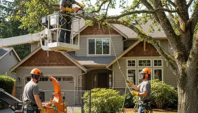 Tree service crew removing a tree in Bellevue, WA for safe property clearance