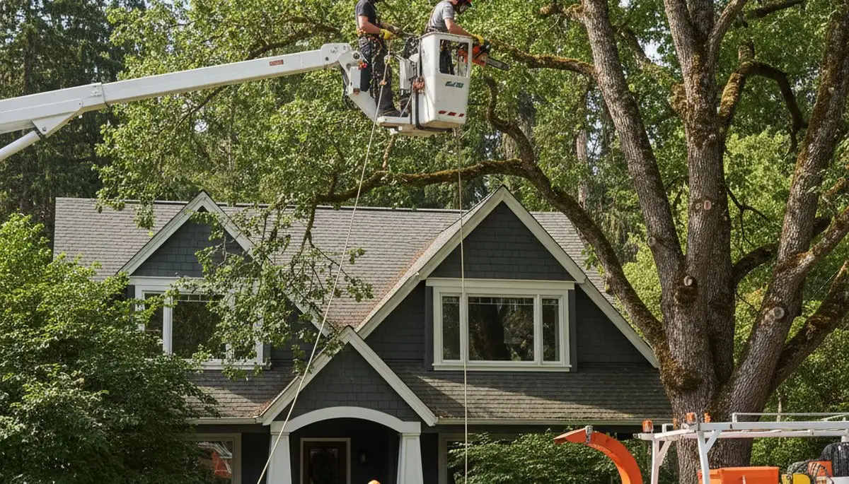Tree service crew trimming trees in Bellevue, WA for safe, professional removal and maintenance