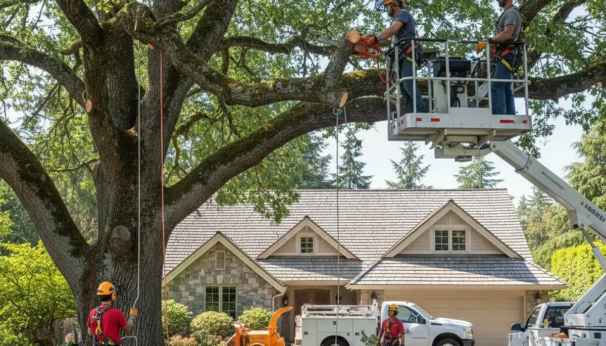 Bellevue WA tree removal crew trimming and removing a large tree for safe property clearance