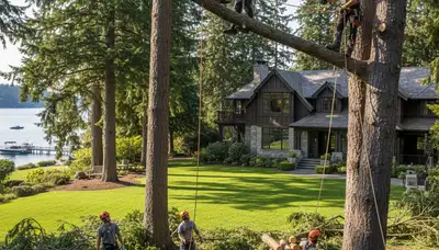 Tree service crew removing a tree in Bellevue, WA for safe residential property clearing