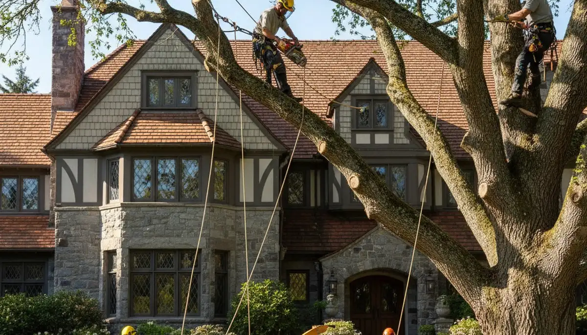 Tree service crew trimming a tree in Bellevue, WA for safe residential property care