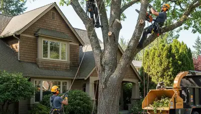 Tree service crew in Bellevue, WA removing a tree for safe residential property maintenance