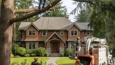 Tree service crew removing a tree in Bellevue, WA for safe residential property clearance