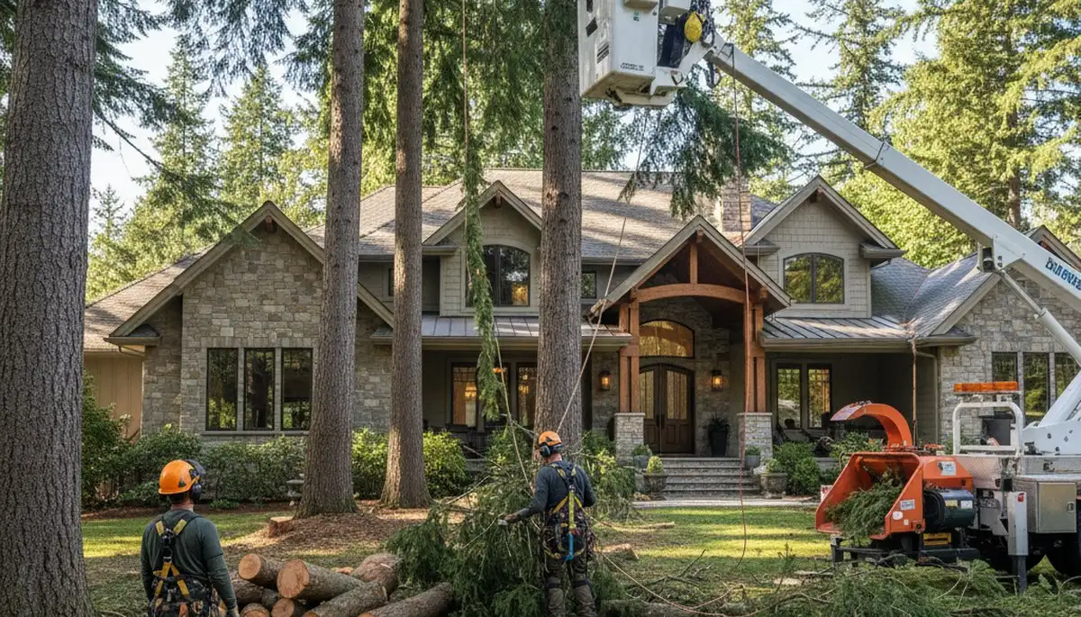 Tree service crew in Bellevue, WA removing a tree for safe residential property clearance