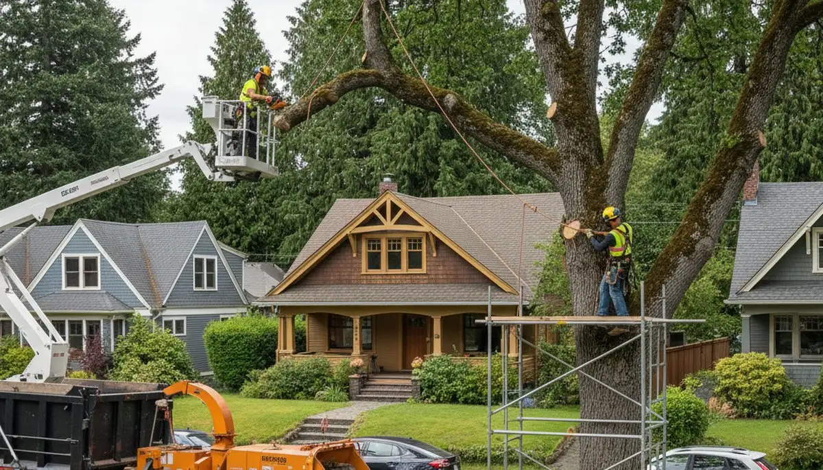 Tree service crew removing a tree in Bellevue, WA for safe property clearance