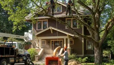 Tree service crew removing a tree in Bellevue, WA for safe property clearance