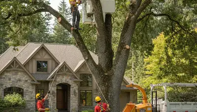 Bellevue, WA tree service crew removing a hazardous tree near a residential property